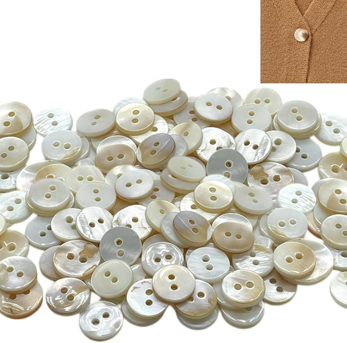 100 botones de concha natural, redondos, de nácar blanco, para costura y manualidades, con 2 agujeros.