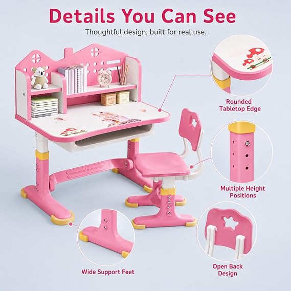 Escritorio para niños, conjunto de escritorio y silla para niños con altura ajustable para niñas