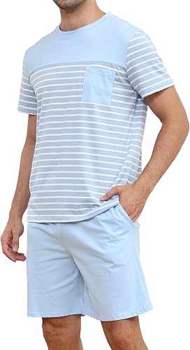 Conjunto de pijama para hombre, pijama de algodón a rayas de manga corta y pantalón corto