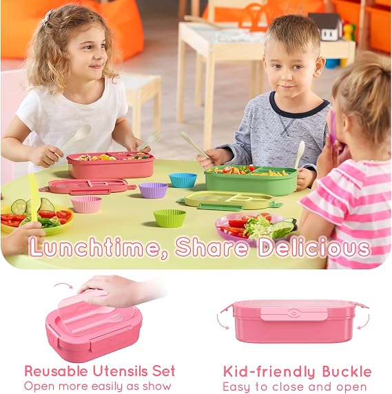 Fiambrera Bento de 1,3 litros (44 oz) con 4 compartimentos y cubiertos para niños y adultos.