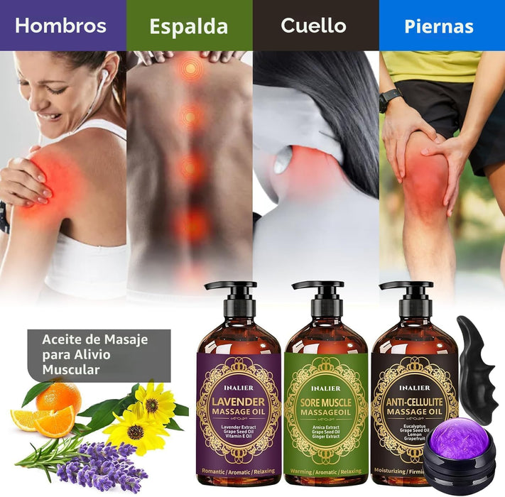 Aceite de masaje para terapia de masaje, paquete de 3 aceites de masaje para celuliti