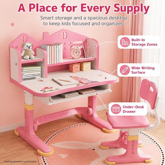 Escritorio para niños, conjunto de escritorio y silla para niños con altura ajustable para niñas