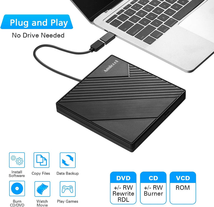 Unidad de DVD externa USB 3.0 USB C Grabadora de CD CD/DVD +/-RW, unidad óptica