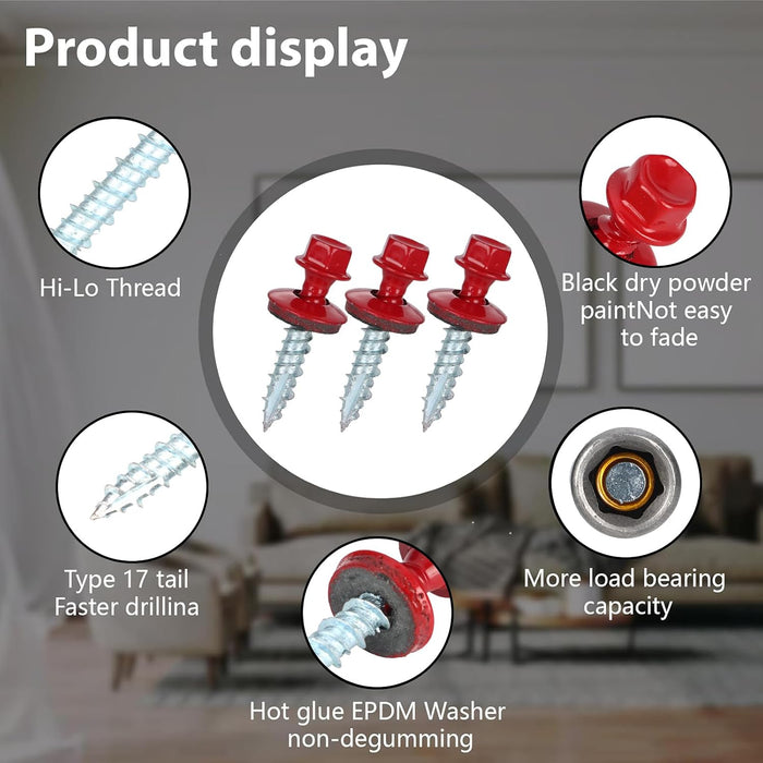 Tornillos para techos metálicos de 10 x 1 pulgada, tornillos rojos de cabeza hexagonal (250pcs)