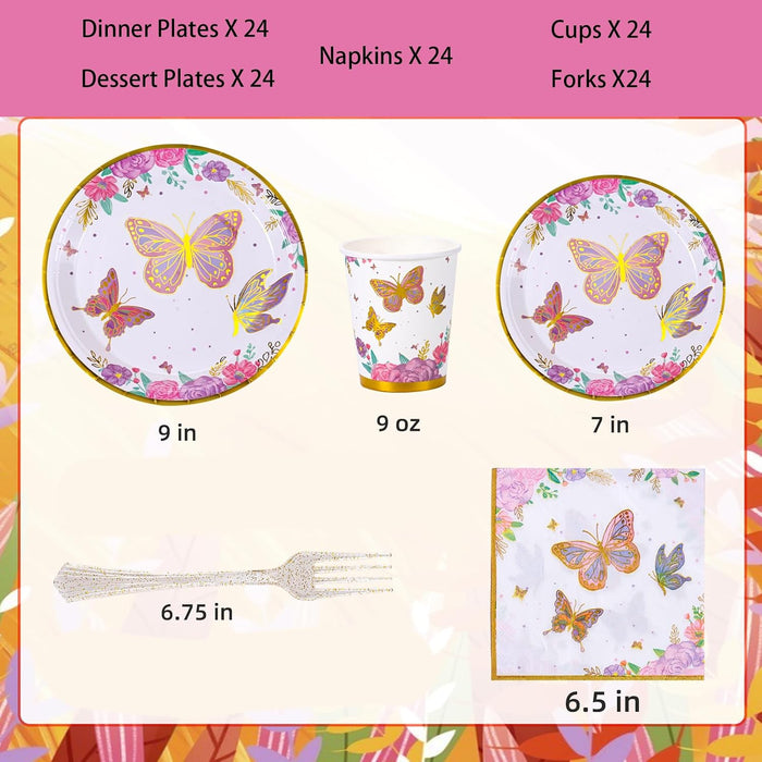 Suministros para fiestas de mariposas: platos, vasos, servilletas, tenedores y decoraciones para 24 invitados