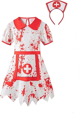 Disfraz de enfermera zombi de Halloween para niñas con diadema, para fiesta