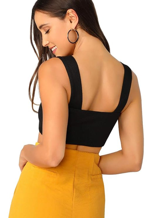 SHEIN Camiseta sin mangas corta de punto acanalado con tirantes gruesos para mujer