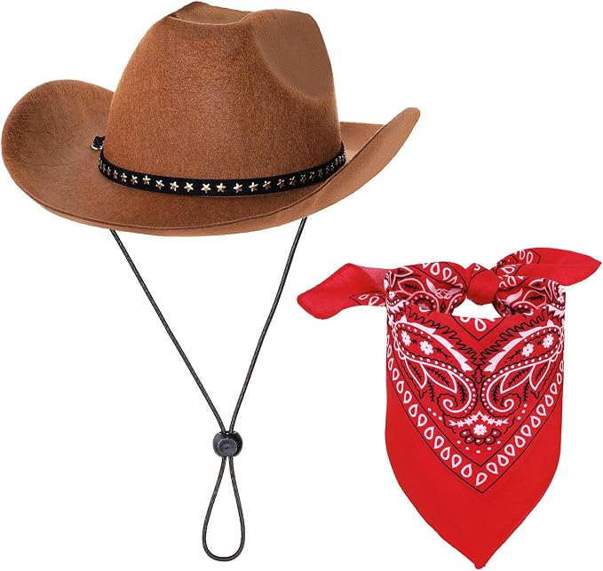 Sombrero de vaquero café con bandanas rojas para disfraces