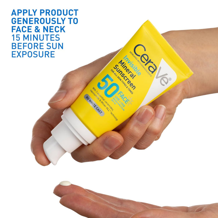 CeraVe Protector solar mineral invisible SPF 50, protector solar facial para piel sensible 48ml