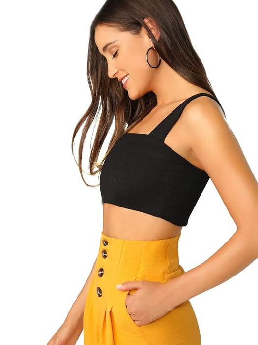 SHEIN Camiseta sin mangas corta de punto acanalado con tirantes gruesos para mujer