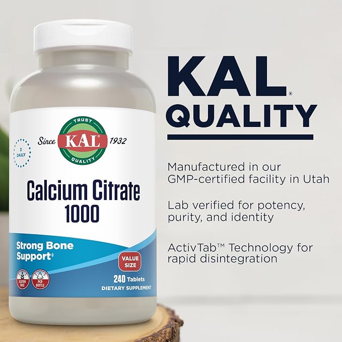 KAL Citrato de calcio 1000 mg, suplementos de calcio para mujeres y hombres