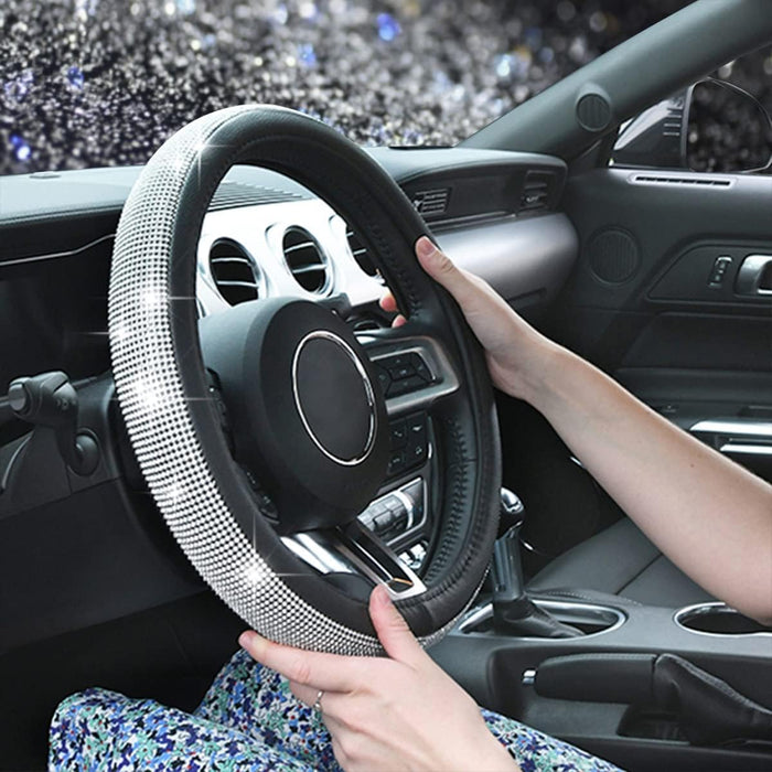 CAR PASS Funda para volante de cuero con diamantes de imitación brillantes 36cm