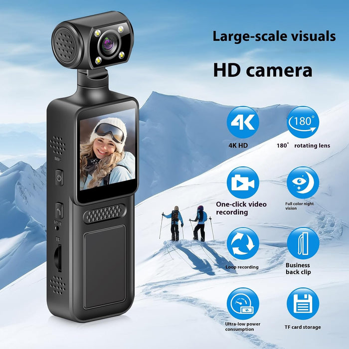 Cámara corporal 4K de vídeo, portátil con lente giratoria de 180 grados