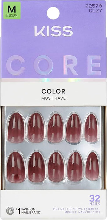 Kiss Set de 32 uñas press on almendradas tamaño mediano color burgandy