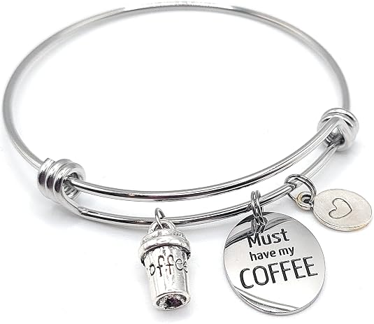 Pulsera extensible de acero inoxidable con dije de café imprescindible