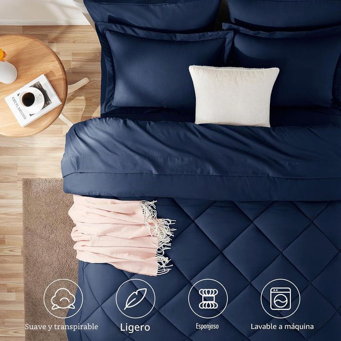 Juego de edredón Queen azul marino – Cama en una bolsa tamaño Queen de 7 piezas
