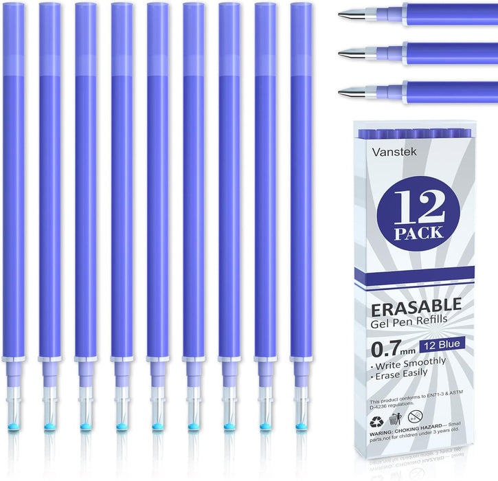Vanstek 12 recambios de tinta de gel para bolígrafos borrables azules de punta fina de 0.7 mm