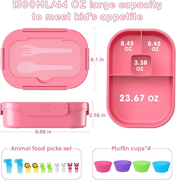 Fiambrera Bento de 1,3 litros (44 oz) con 4 compartimentos y cubiertos para niños y adultos.