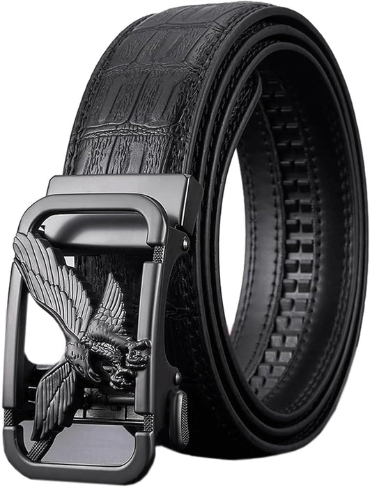 Cinturón único con patrón de águila para hombre, hebilla automática, de piel de vaca