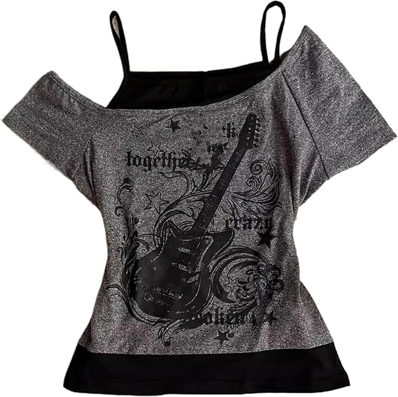 Camiseta Emo Grunge para mujer vintage Y2K de 2 piezas con estampado de guitarra