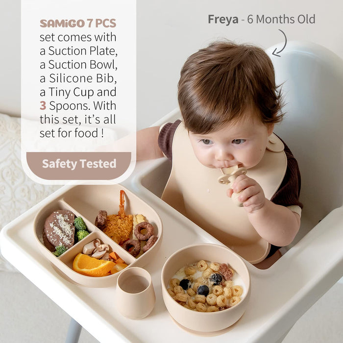 SAMiGO Juego de alimentación de silicona para bebés, juego de plato con ventosa