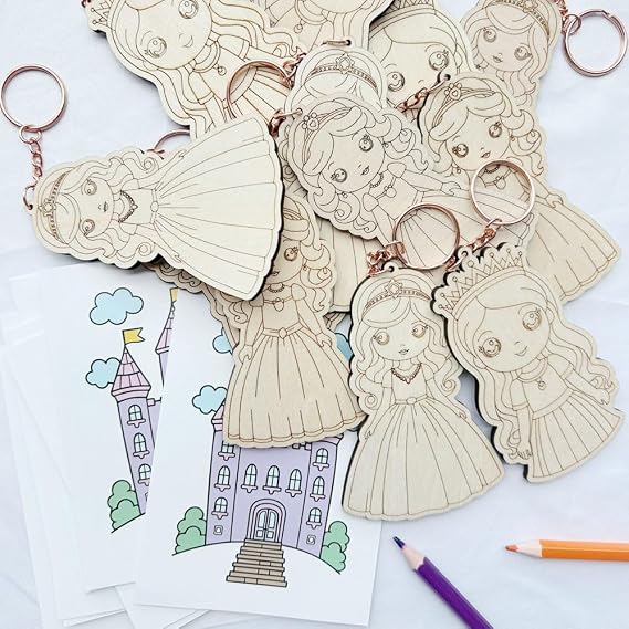 Llavero de princesa de madera, 12 piezas, dijes de madera sin terminar para manualidades