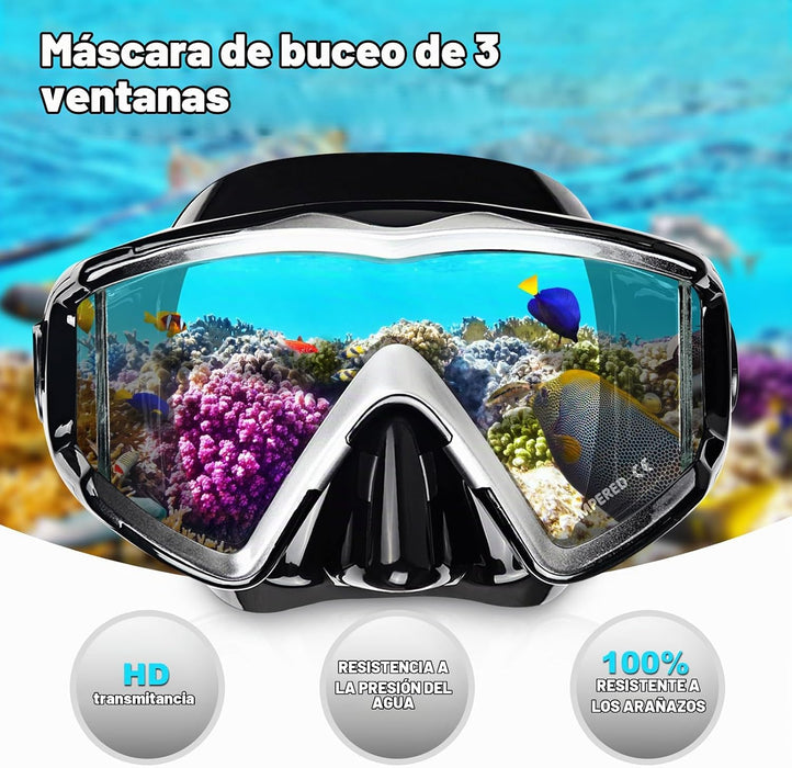 Máscara de buceo Pano 3 para adultos, esnórquel de vidrio templado, natación antivaho sin fugas