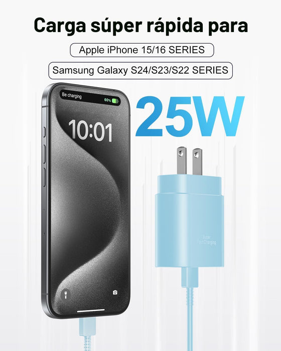 Cargador tipo C de carga rápida, paquete de 2 [10 pies y 6 pies] de cable USB C largo con bloque de cargador