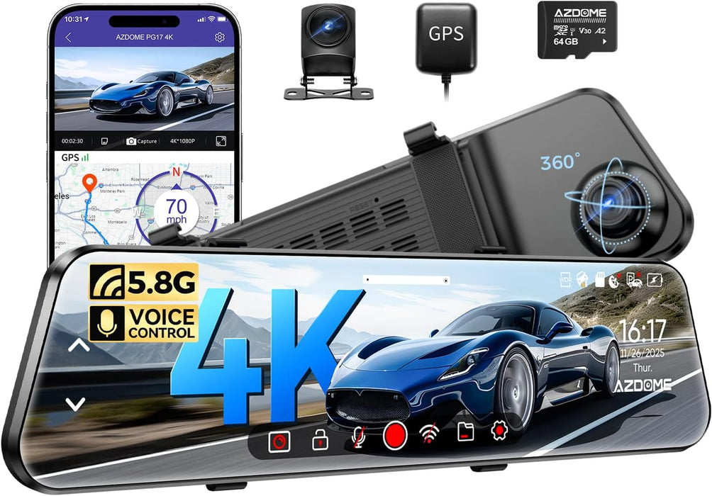 AZDOME PG17 - Cámara de tablero de espejo 4K de 12" frontal y trasera