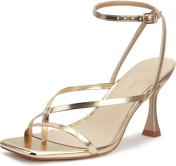 LOOPCHARM Sandalias de tacón con tiras para mujer con punta cuadrada, correa de tobillo