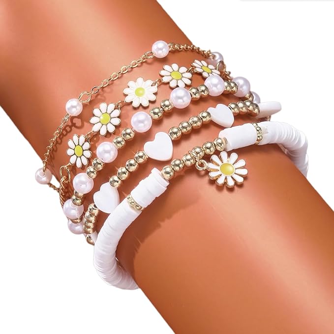 5 pulseras con colgante de margaritas, accesorio de cadena de mano para mujer