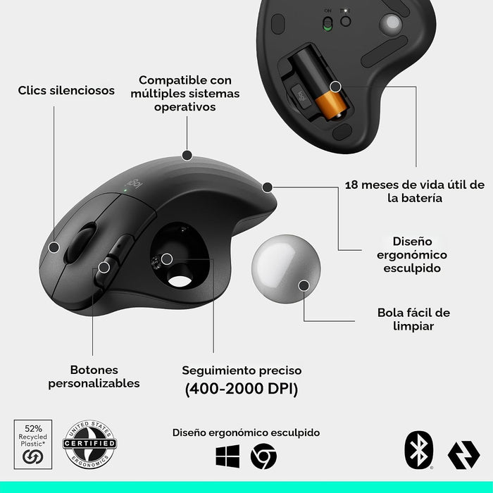 Logitech Ergo M575S Ratón inalámbrico de Trackball, mouse ergonómico inalámbrico con Bluetooth