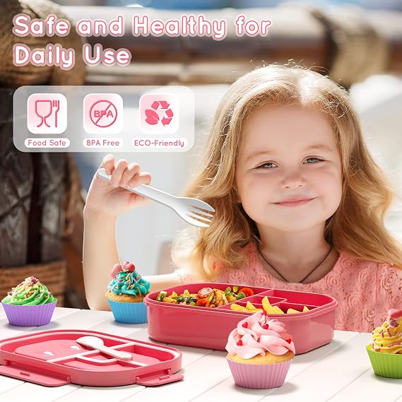 Fiambrera Bento de 1,3 litros (44 oz) con 4 compartimentos y cubiertos para niños y adultos.