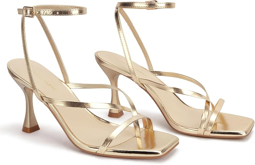 LOOPCHARM Sandalias de tacón con tiras para mujer con punta cuadrada, correa de tobillo