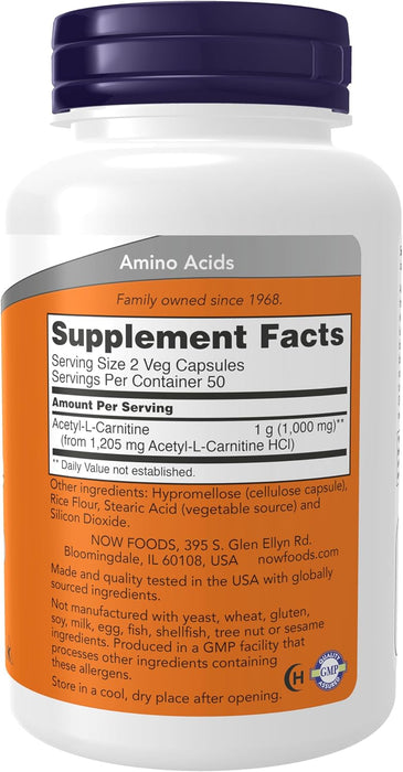 Cápsulas Now Foods Alpha de acetil l-carnitina, 0.01 onzas