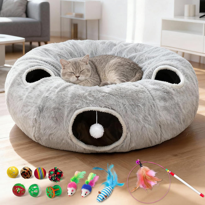 Túneles de gato de 4 agujeros para gatos de interior de felpa en forma de dona color gris