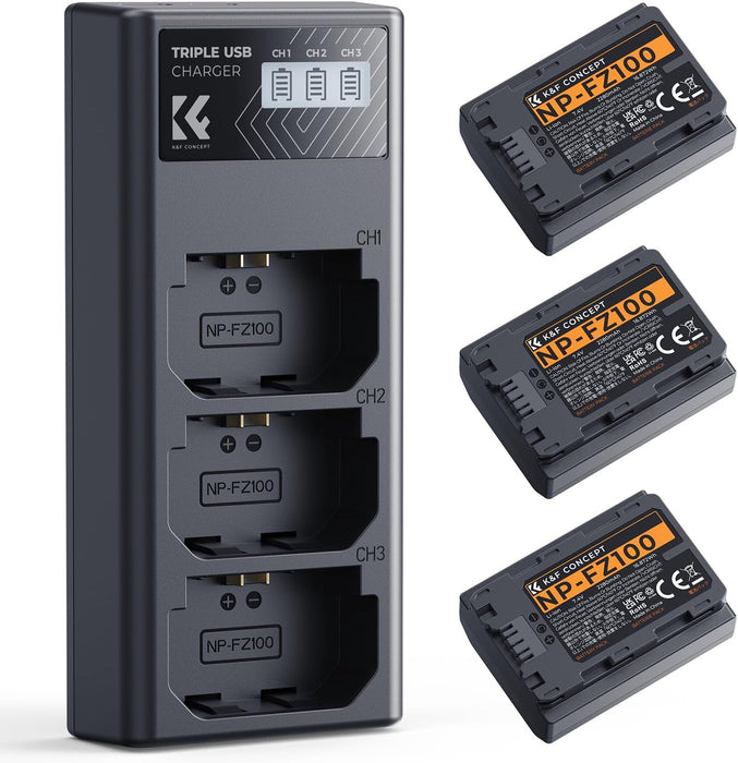 K&F Concept Paquete de 3 baterías NP-FZ100 y cargador de batería LCD actualizado