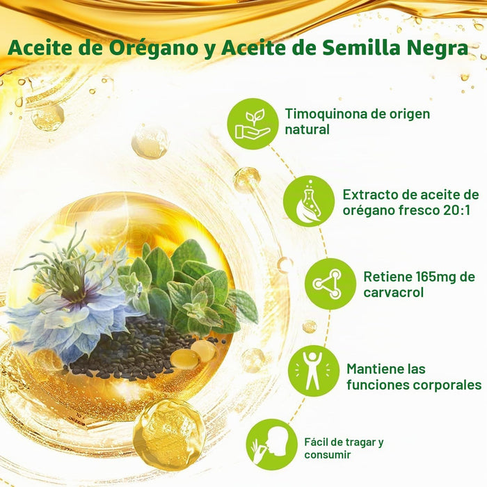 Aceite de orégano vivo de la naturaleza con aceite de semilla negra, 60 capsulas blandas