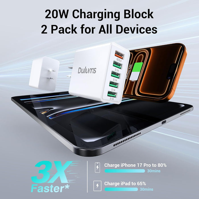 Bloque de cargador de pared USB de 50 W, paquete de 2 cargadores de 5 puertos