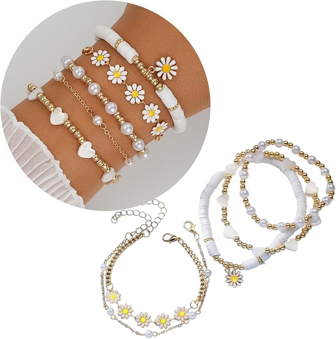 5 pulseras con colgante de margaritas, accesorio de cadena de mano para mujer