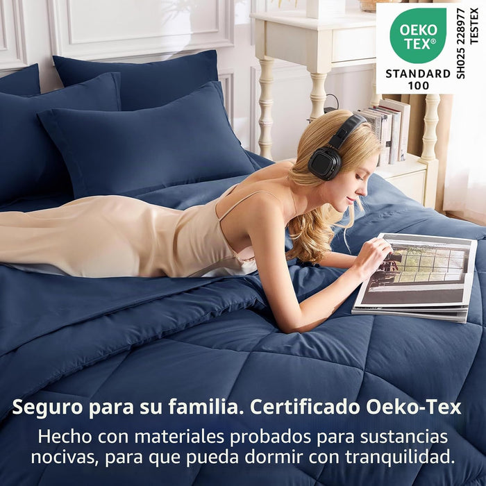 Juego de edredón Queen azul marino – Cama en una bolsa tamaño Queen de 7 piezas