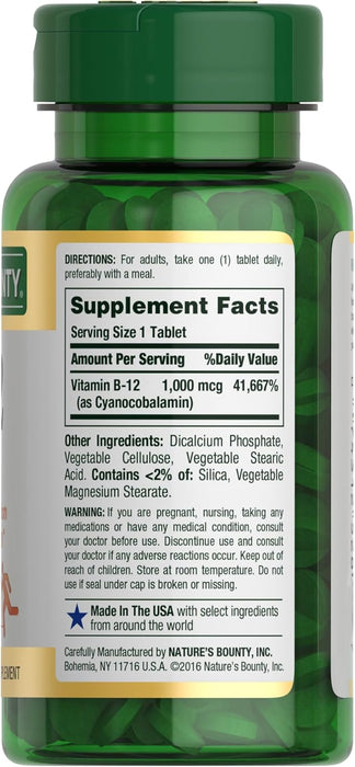 Nature's Bounty Vitamina B-12, 1000 mcg, 200 comprimidos recubiertos