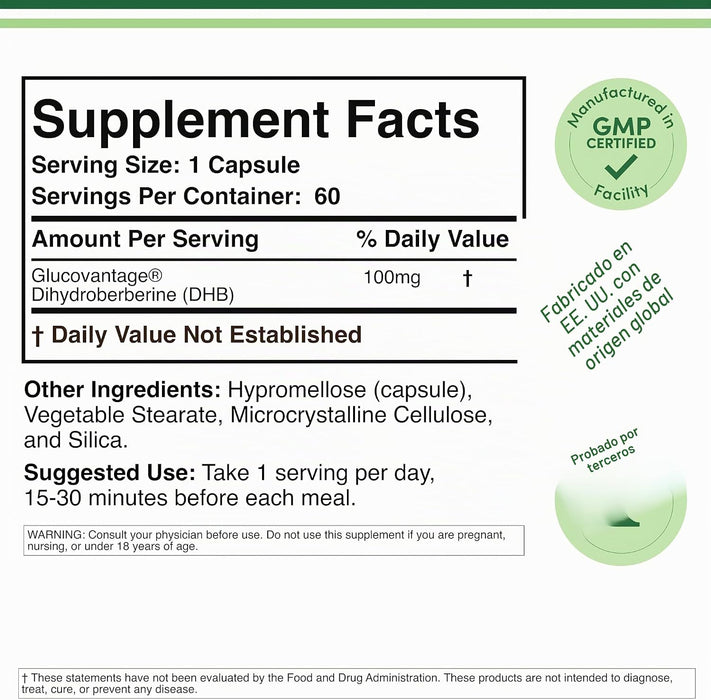 Suplemento de Dihidroberberina 100mg, 60 Cápsulas