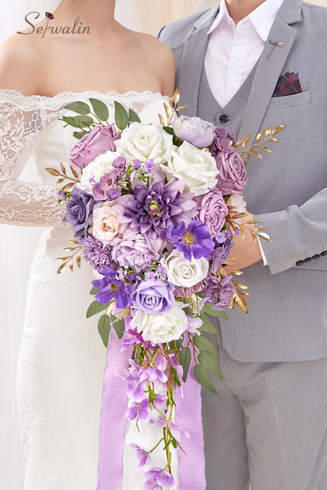 Serwalin Ramos de boda de rosas moradas de 11 pulgadas para novia, dama de honor