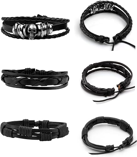 MILAKOO 6 pulseras de cuero punk unisex, pulseras trenzadas de poliuretano con calavera y esqueleto