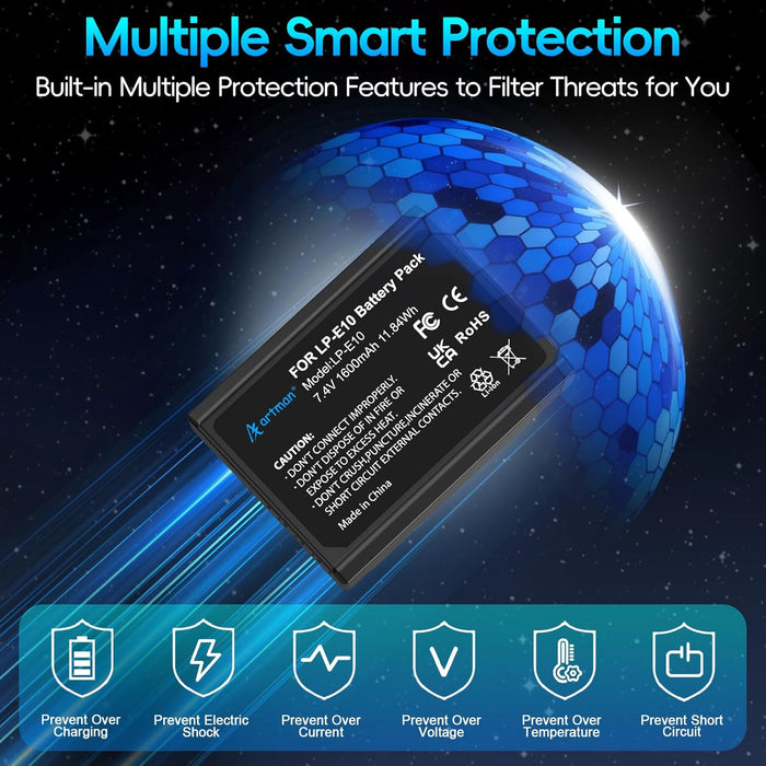 Paquete de 2 baterías LP-E10 Artman y cargador USB dual para cámaras digitales Canon EOS Rebel