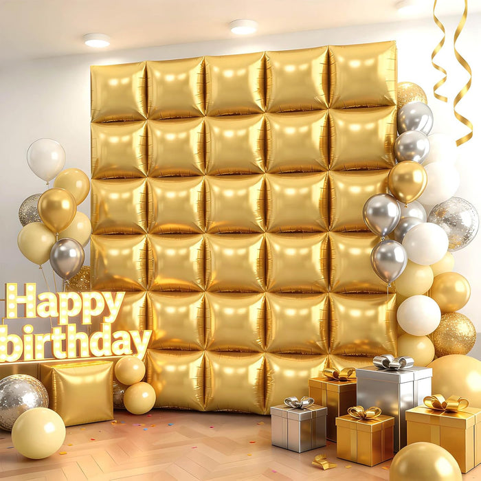 36 globos cuadrados de papel de aluminio dorado champán, telón de fondo de pared