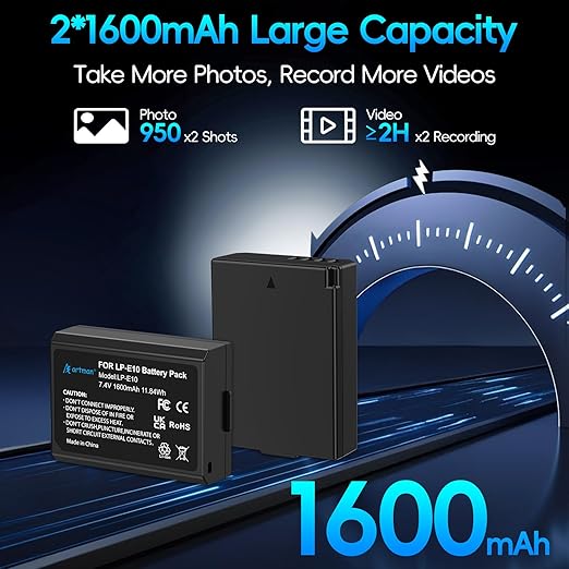 Paquete de 2 baterías LP-E10 Artman y cargador USB dual para cámaras digitales Canon EOS Rebel