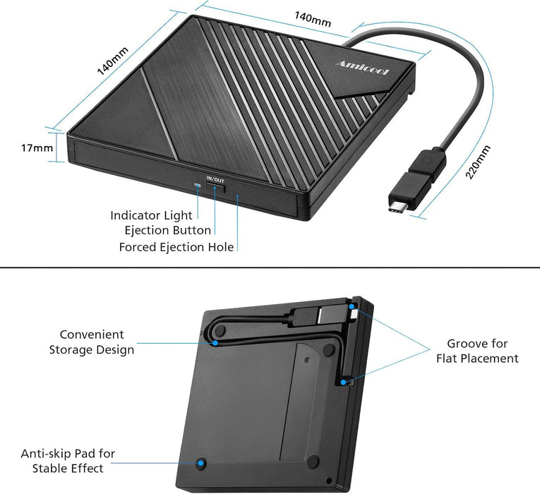 Unidad de DVD externa USB 3.0 USB C Grabadora de CD CD/DVD +/-RW, unidad óptica