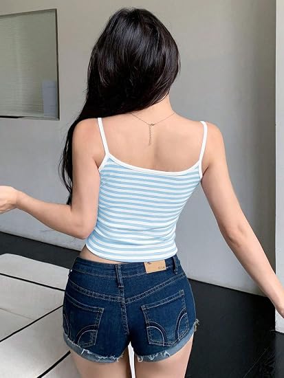 Cioatin Camiseta sin mangas con tirantes delgados, a rayas, estilo Y2K, corta